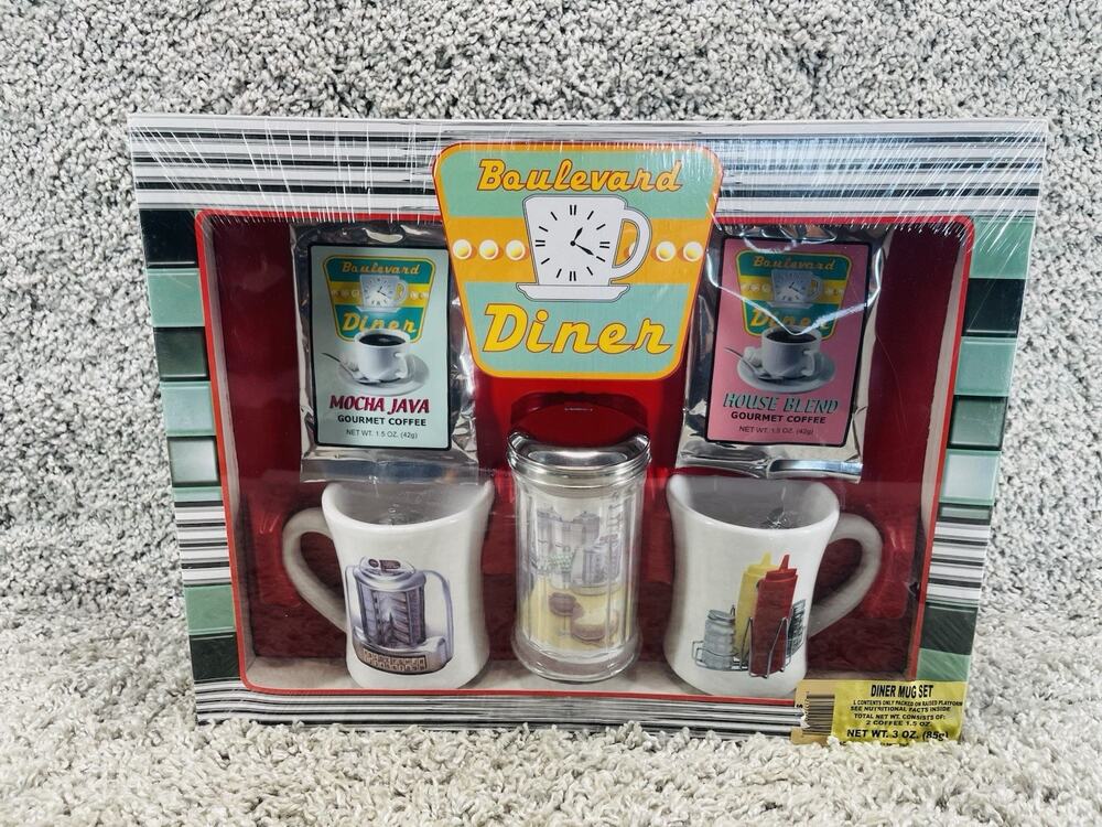 Boulevard Diner Mug Gift Set 2 Mugs Gourmet Coffee Shaker New In Box